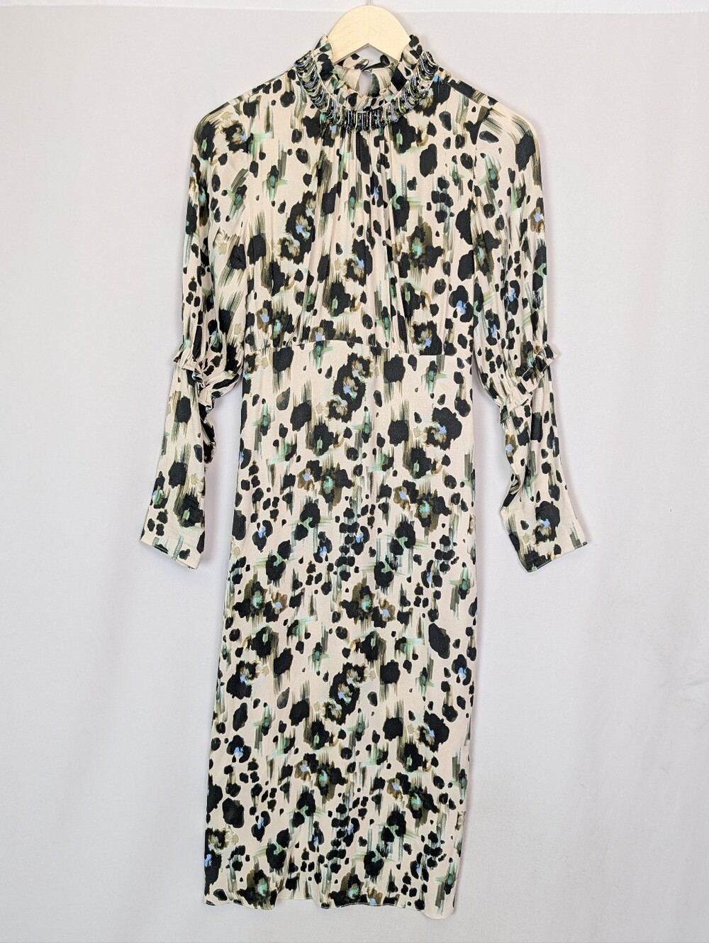 Exquise Beaded Mock Neck Midi Dress Animal Print Long Sleeve Cocktail